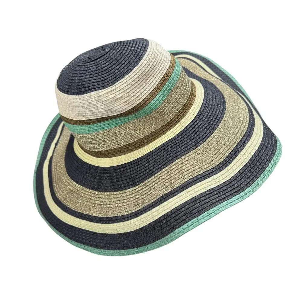 THE WEBSTER Target Navy Striped Woven Sun Hat Tan Green Gold Brown Summer Beach